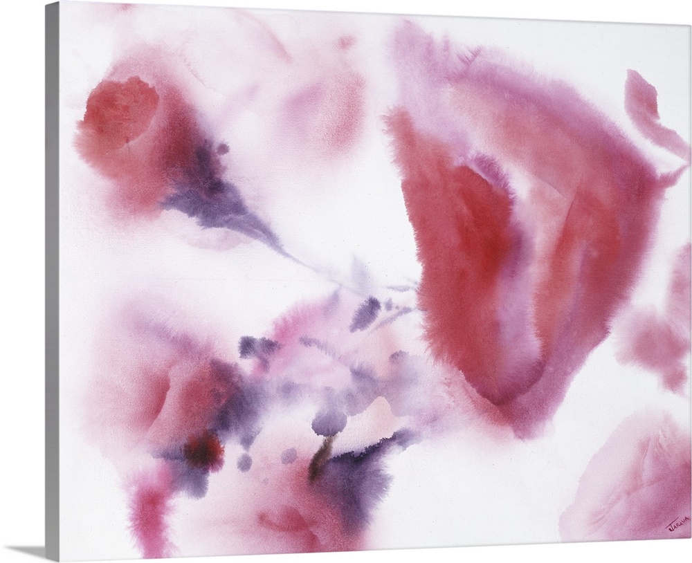 A contemporary watercolor painting of fuchsia blooms with purple stems.