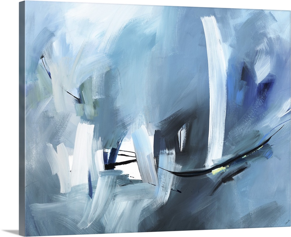 Abstract painting of textured brush strokes in shades of blue with black and white accents.