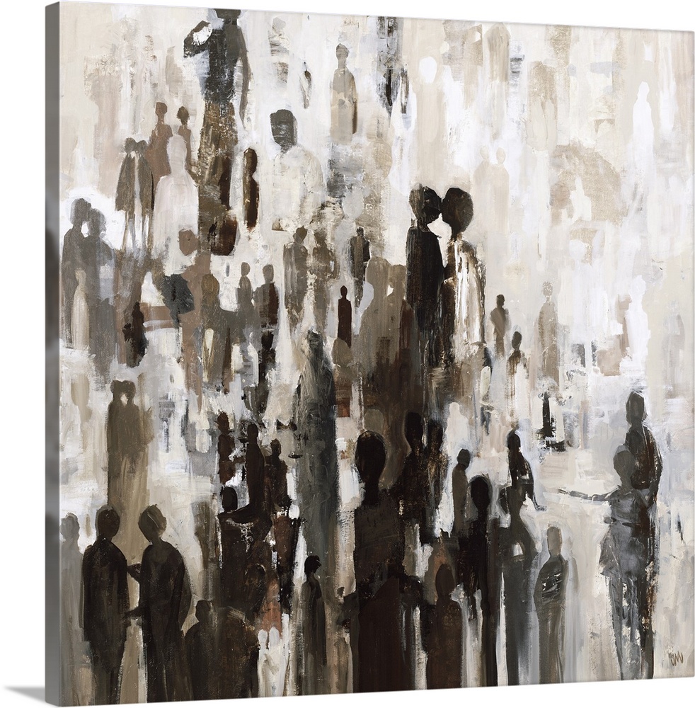 Square abstract painting with silhouettes of people grouped together in shades of brown.