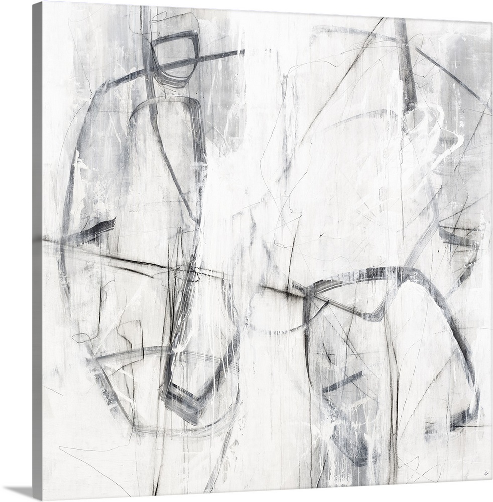 Square painting with abstract figures created with loose lines in shades of gray and white.