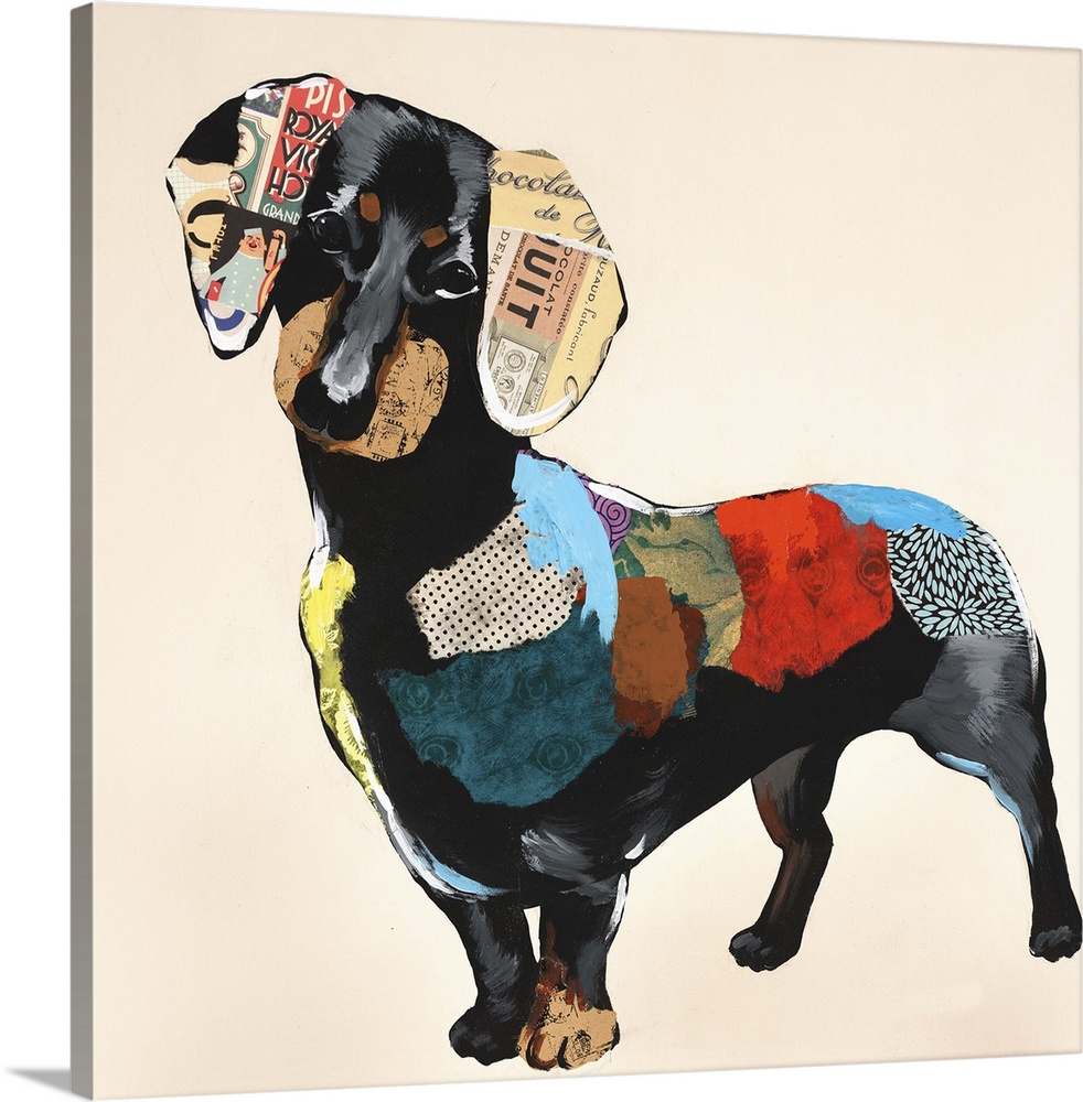 Square art created with mixed media of a colorful dachshund on a neutral colored background.