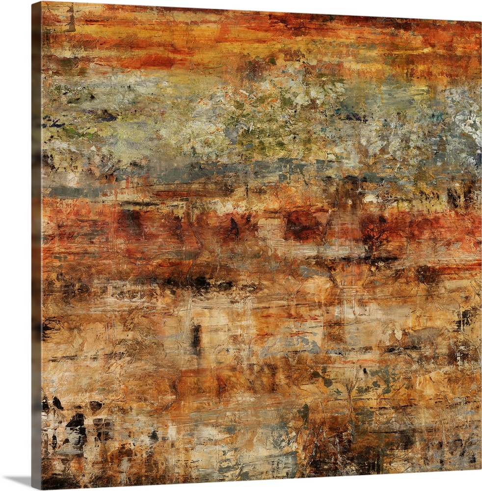 Abstract contemporary painting in natural tones rough textures giving a grungy, rusted feel.