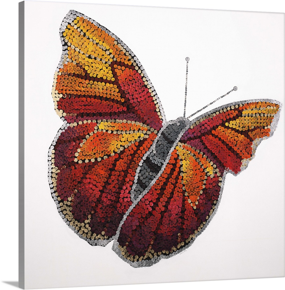 Contemporary painting of a yellow and red transitioning butterfly against a white background.