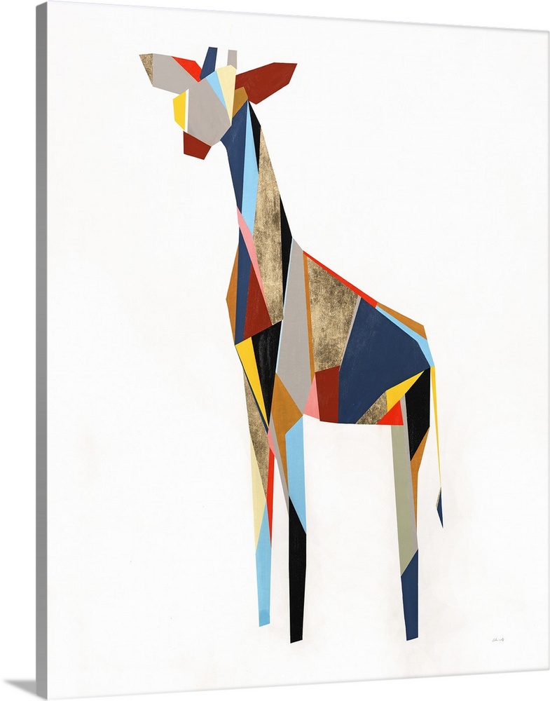 Colorful abstract painting of a giraffe created with geometric shapes on a solid white background.