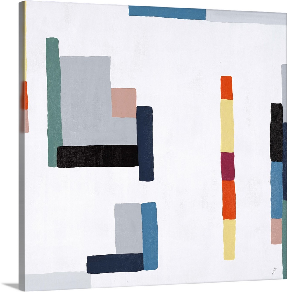 Contemporary art of multicolored rectangles and squares of various sizes connecting in random patterns on a solid white ba...
