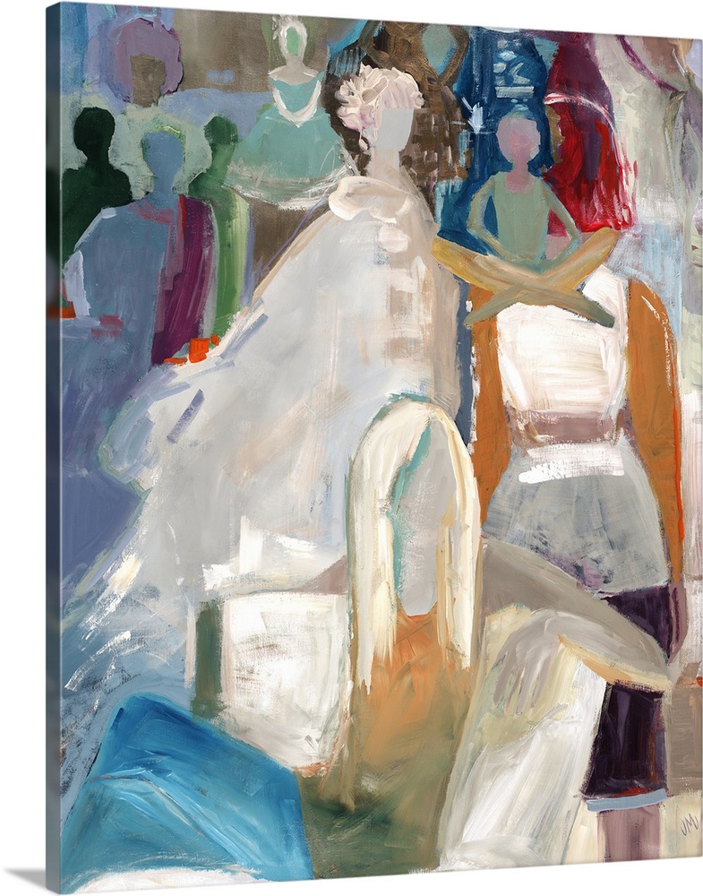 Semi-abstract painting of several figures in a room.