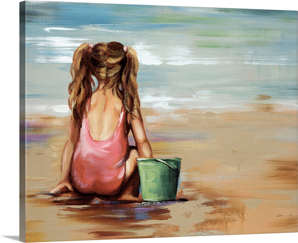 Large, landscape figurative painting of a girl sitting on the beach, facing the water, in her swimsuit with pigtails in he...