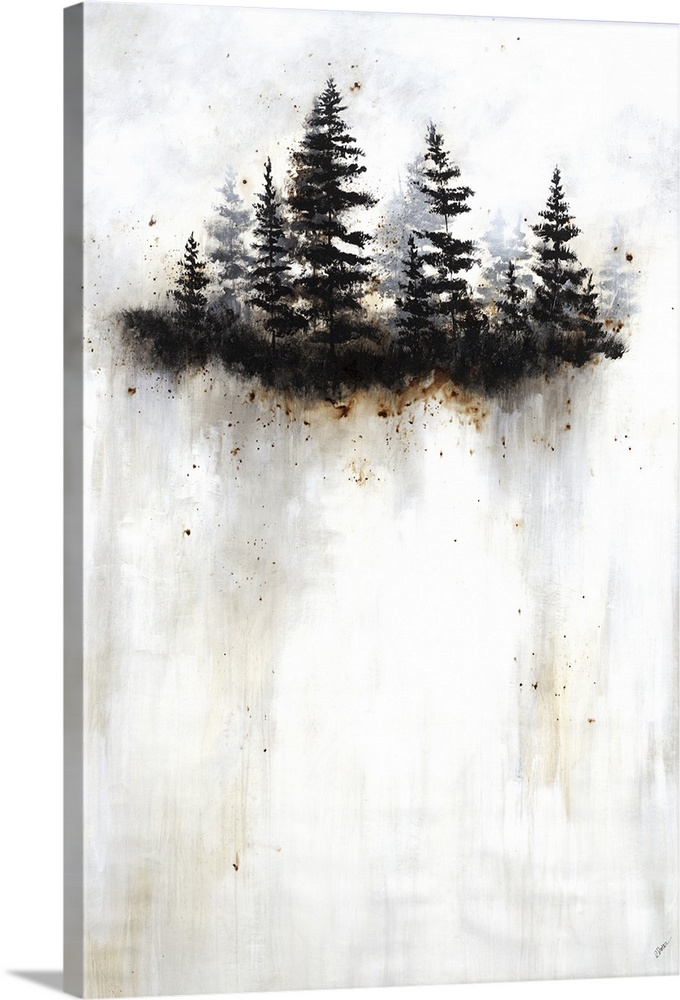 A vertical contemporary painting of a group of trees appearing to break through a white flog.