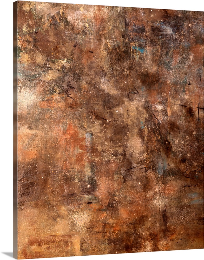 Vertical, large abstract painting in varying earth tones that are randomly brushed together, with a rough, crackling backg...