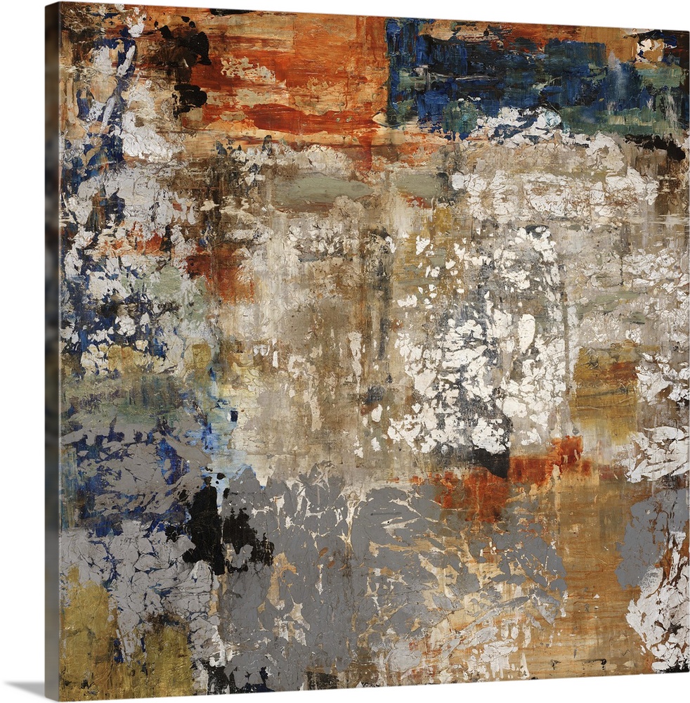 Abstract painting of layered patches of earth tones, covered in various sponge textures of lighter color that create a vin...