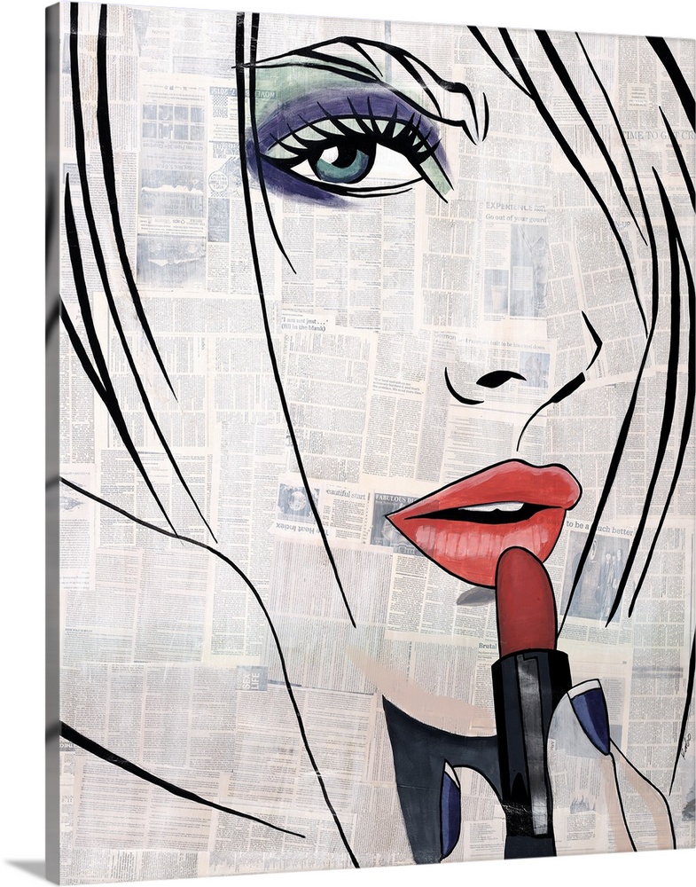 Illustration of a woman applying lipstick, painted on a background made with newspaper cutouts and a white overlay.