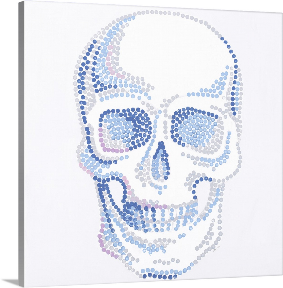 Contemporary painting of a human skull made of small dots in blue, gray and pink.