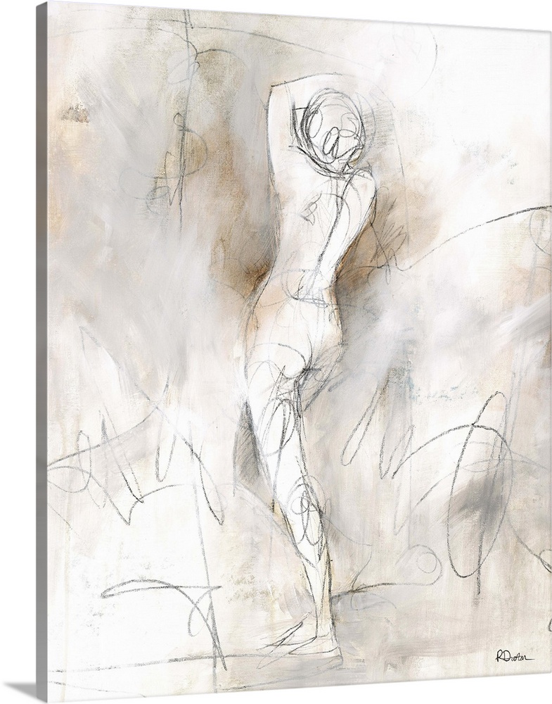 Contemporary abstract painting using neutral tones surrounding a sketch lined female form.