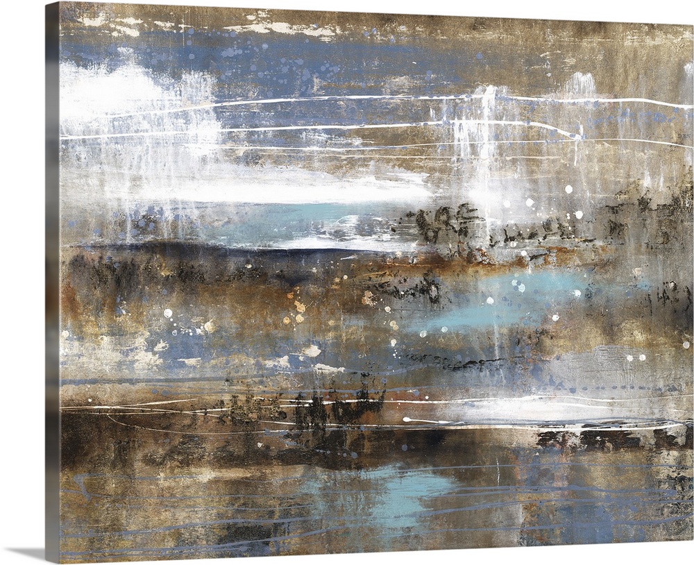 Contemporary abstract painting with horizontal movement of color in shades of gold, blue, brown, white, and black.