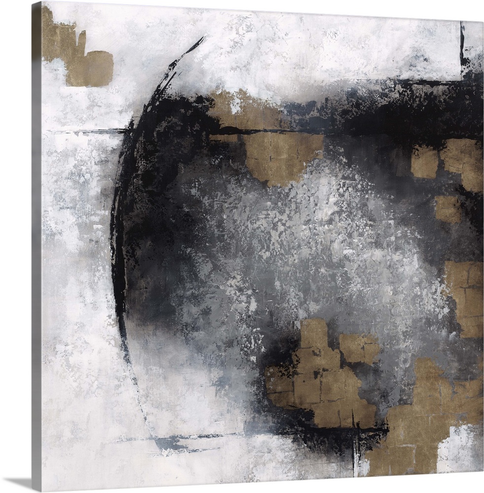 Abstract contemporary painting in black and white with square spots of brown.