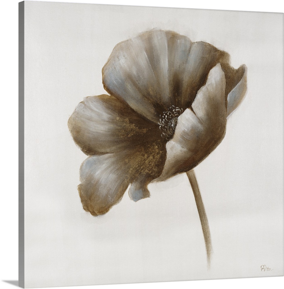 A contemporary painting of a brown toned flower against a solid neutral background.