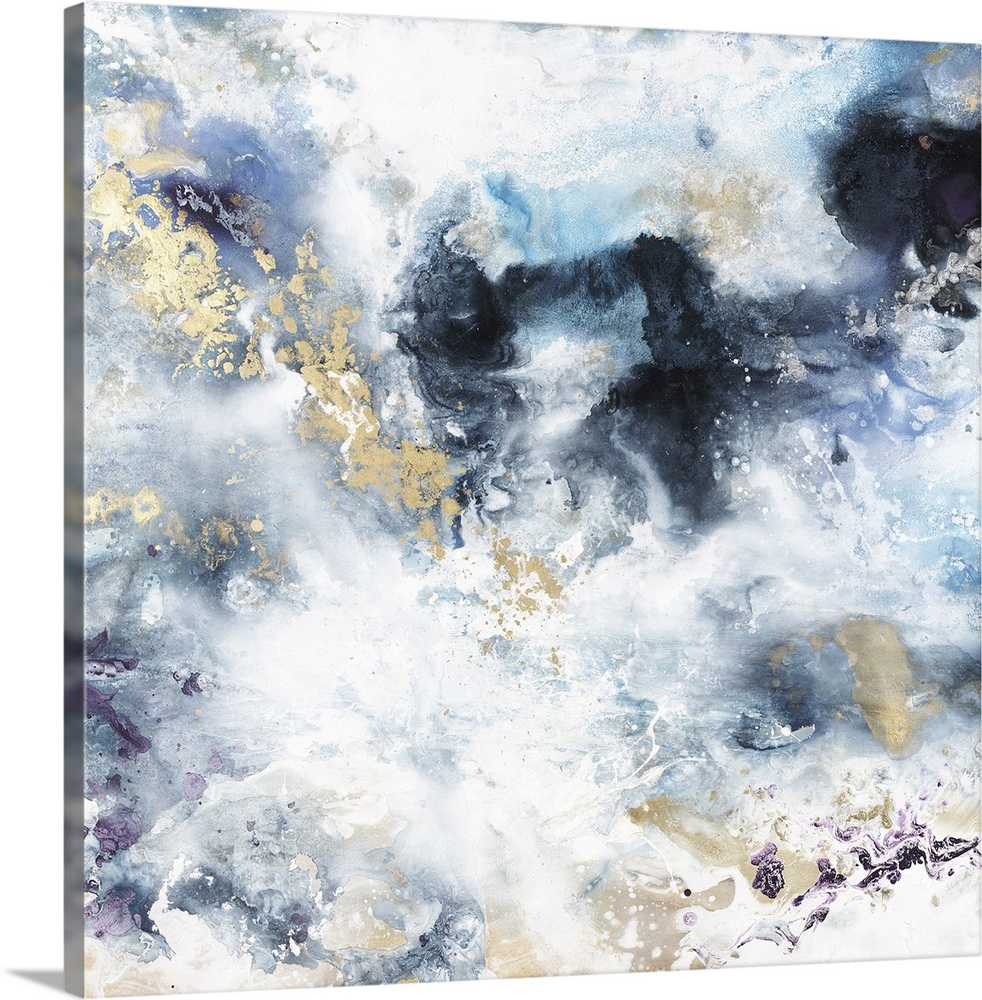 Abstract contemporary painting in blue and gold tones, resembling a stormy sky.