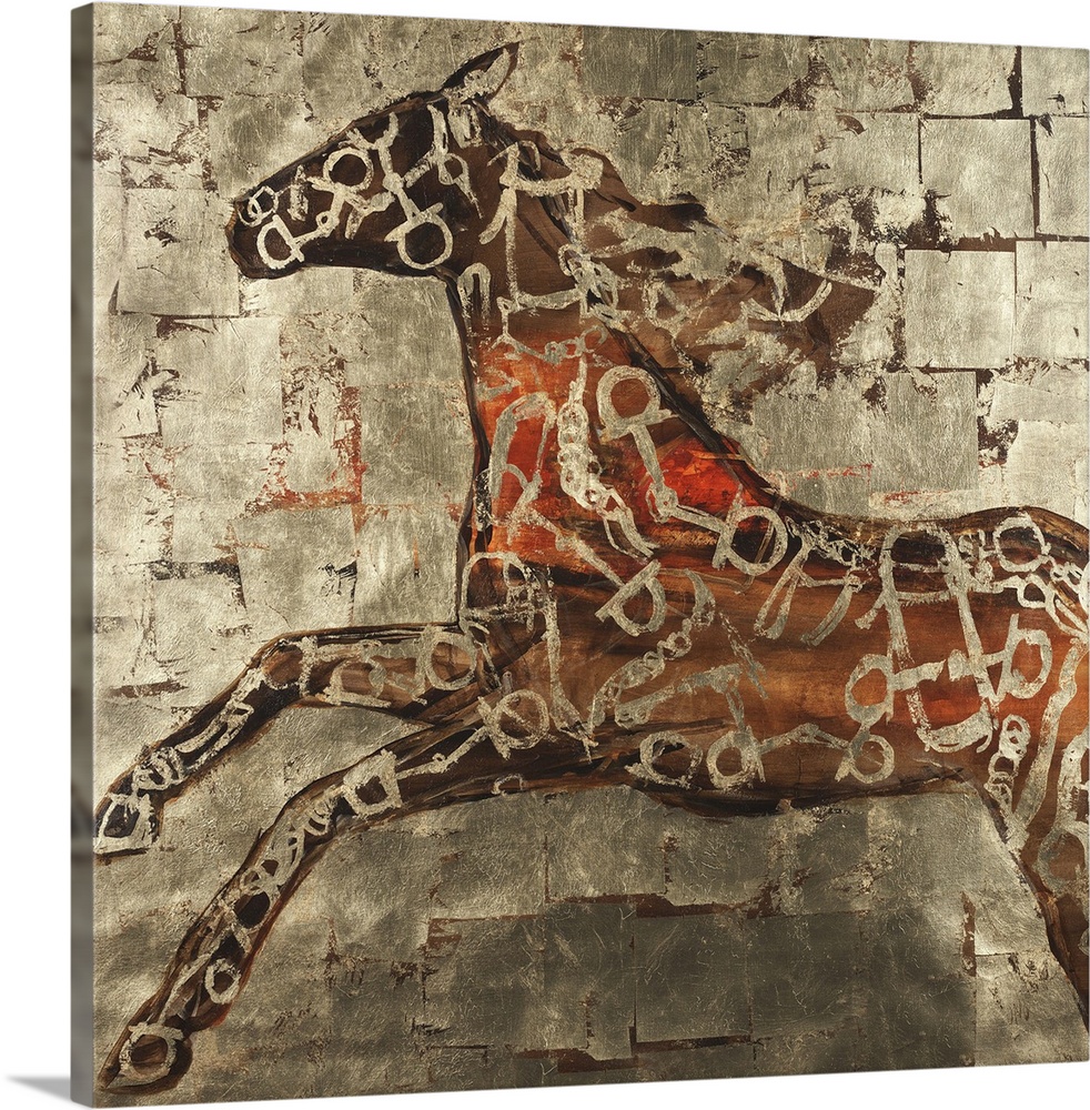 Contemporary painting of horse figure in a red and golden pattern against a gold block background.