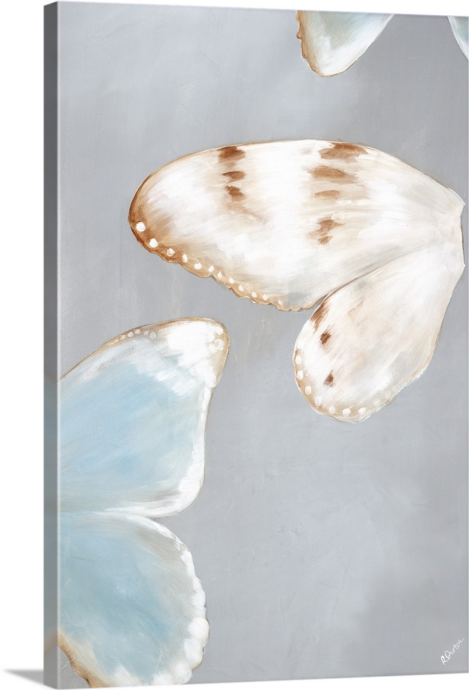 Contemporary abstract painting of pale colored butterflies against a gray background.