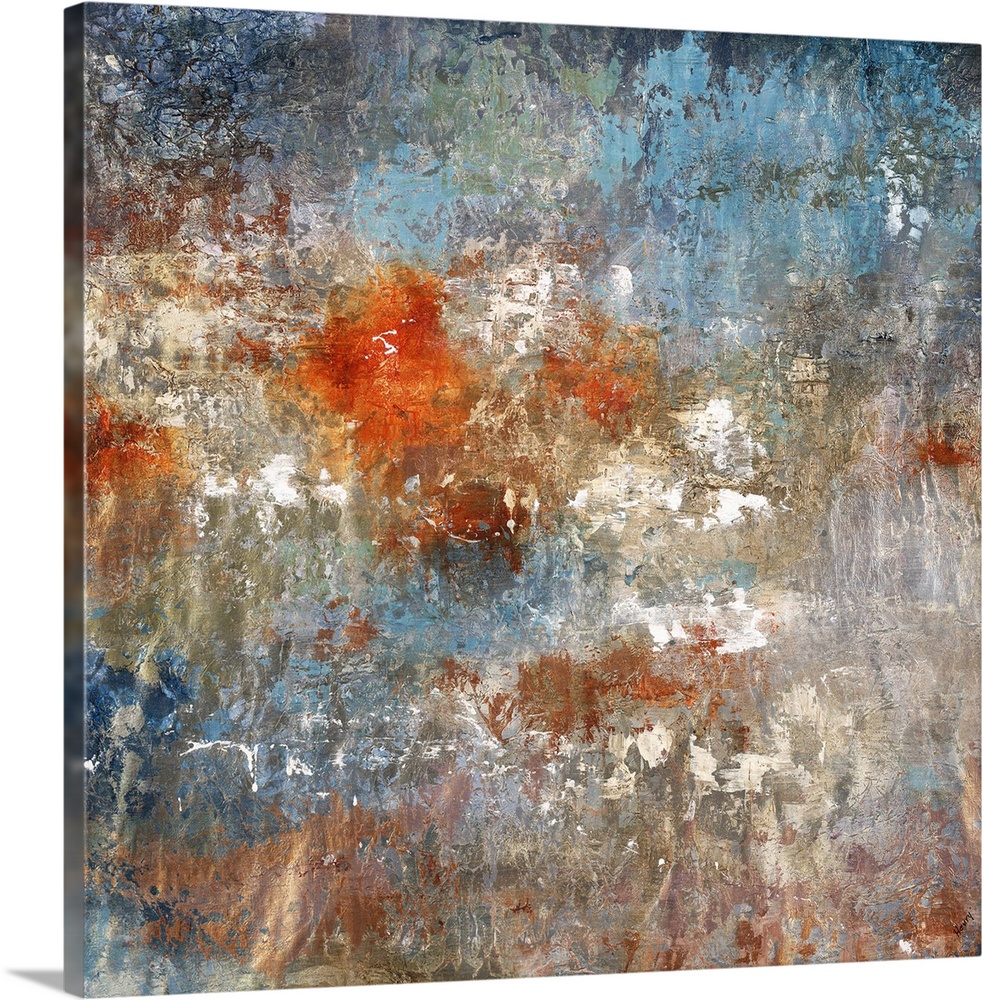 Square abstract painting with textured color in shades of gold, bronze, blue, white, gray, and bright orange.