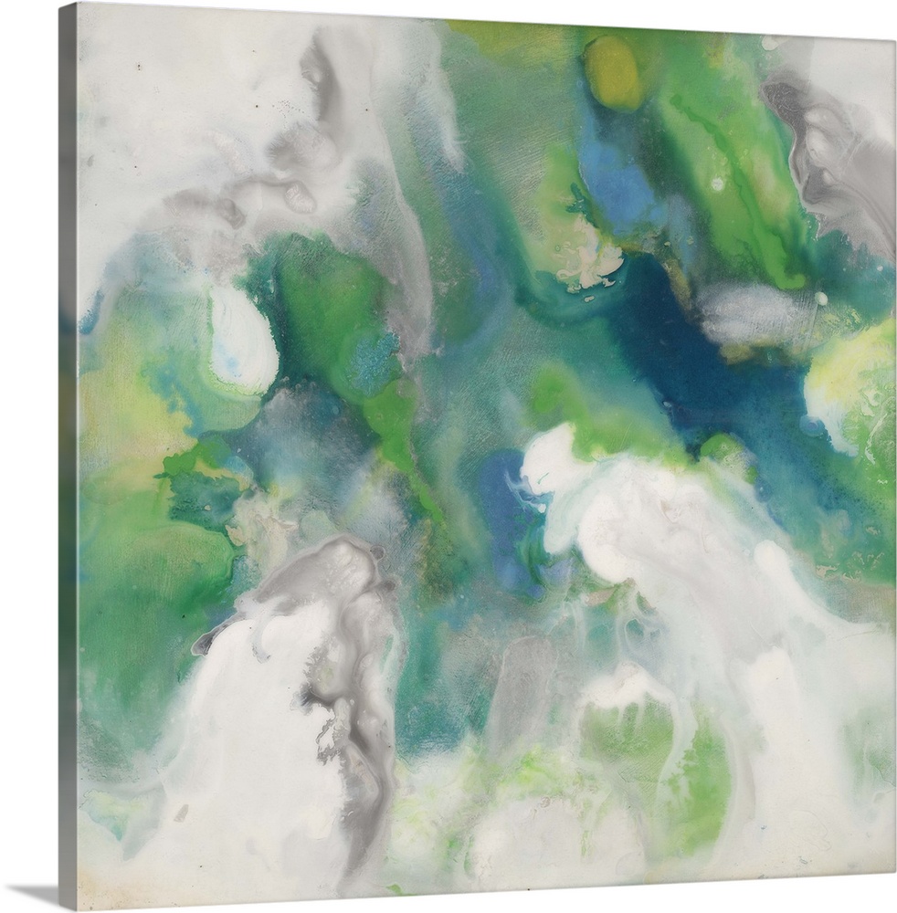 Contemporary abstract painting of saturated blue and green tones in a swirling motion.