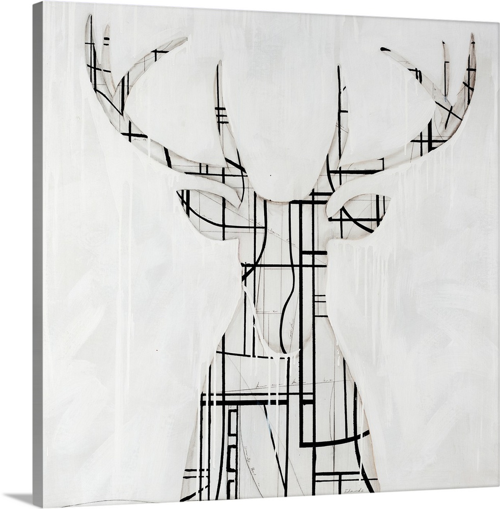 Modern art of a silhouette of a buck with large antlers, his shape composed of contrasting geometric patterns and shapes, ...