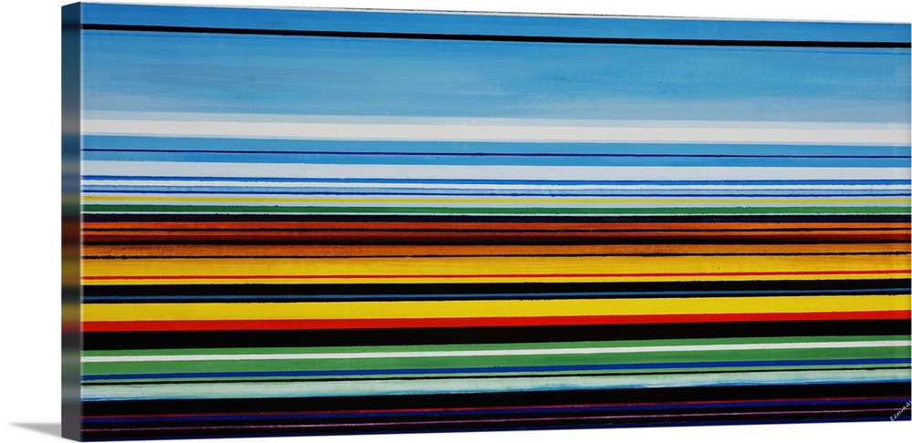 Modern art of many multicolored horizontal lines,  that are vertically stacked in varying thicknesses.