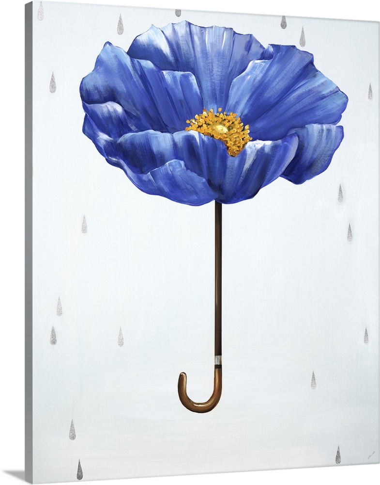 A conceptual painting of a blue poppy as an umbrella with silver rain drops falling down.