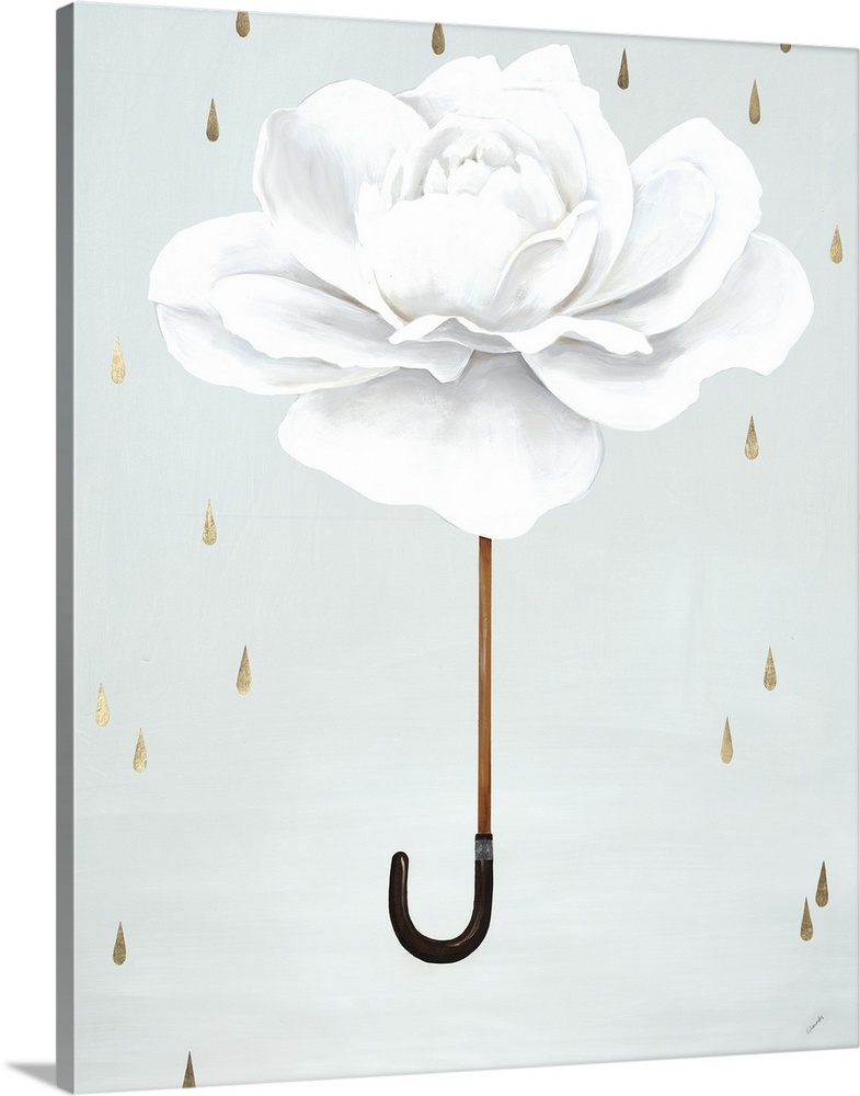 A conceptual painting of a white rose as an umbrella with gold rain drops falling down.