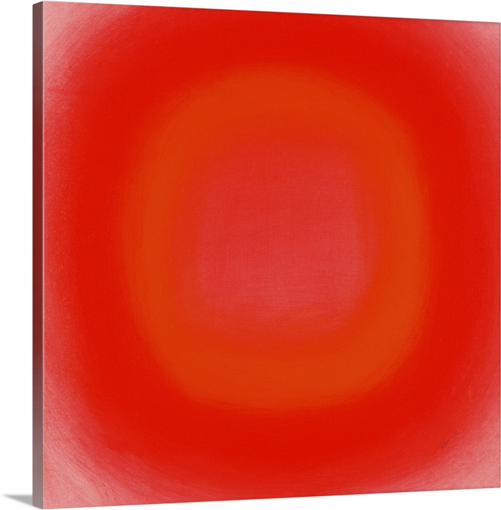 A contemporary abstract painting of a red circle with gradating green circles moving concentrically outward.