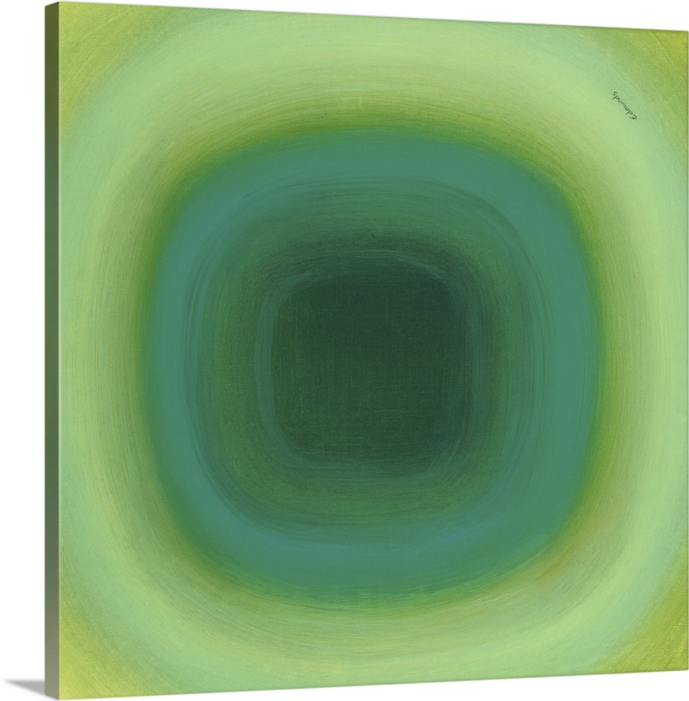 A contemporary abstract painting of a green circle with gradating green circles moving concentrically outward.