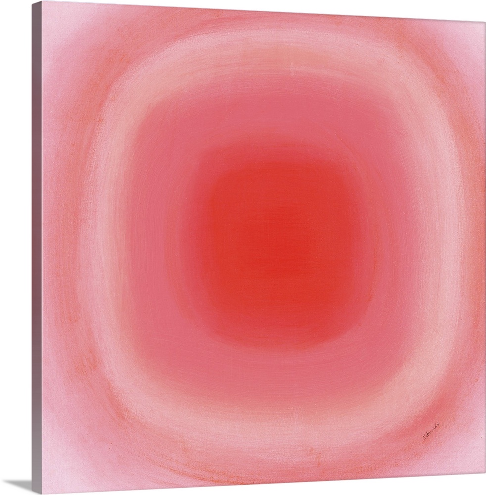A contemporary abstract painting of a pink circle with gradating green circles moving concentrically outward.
