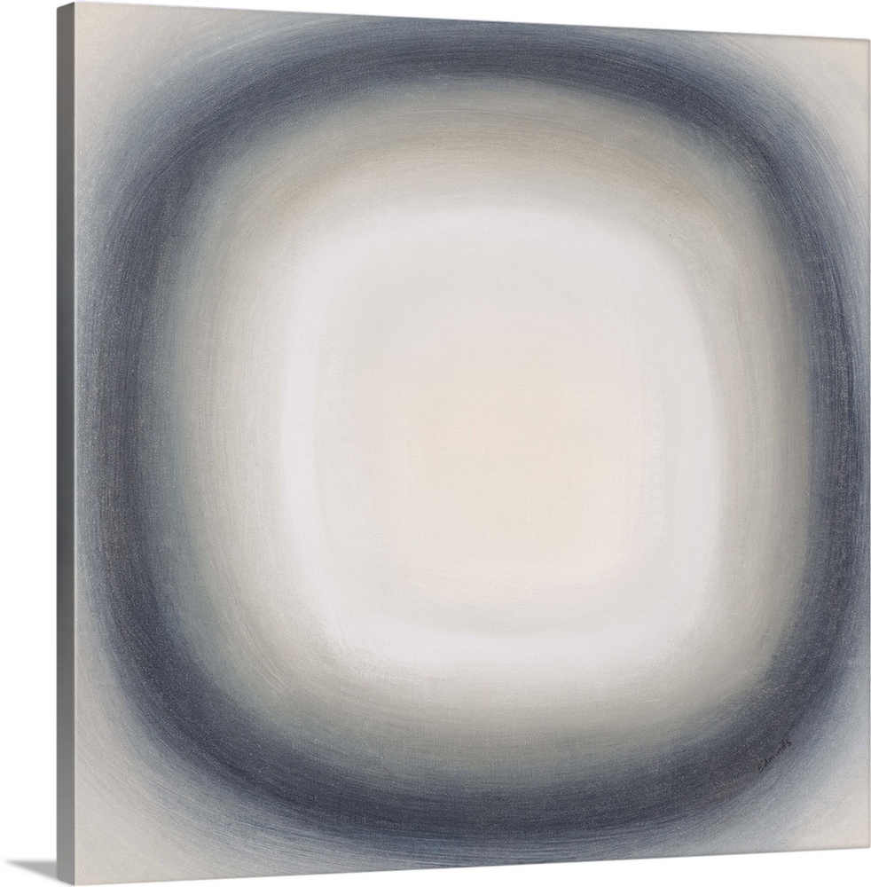 A contemporary abstract painting of a gray circle with gradating green circles moving concentrically outward.