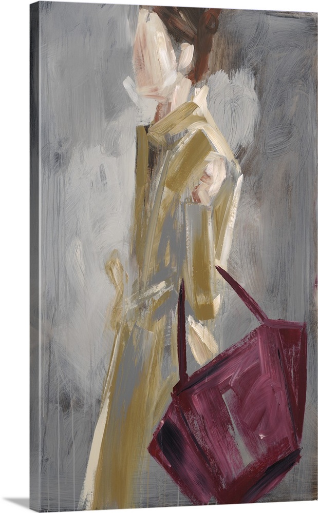 Contemporary artwork of a fashionable woman holding a red handbag.