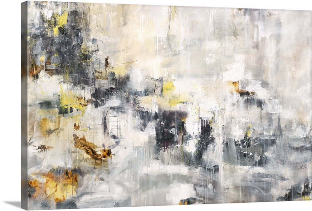 Large abstract painting in white, gray, black, and yellow hues with paint drips.