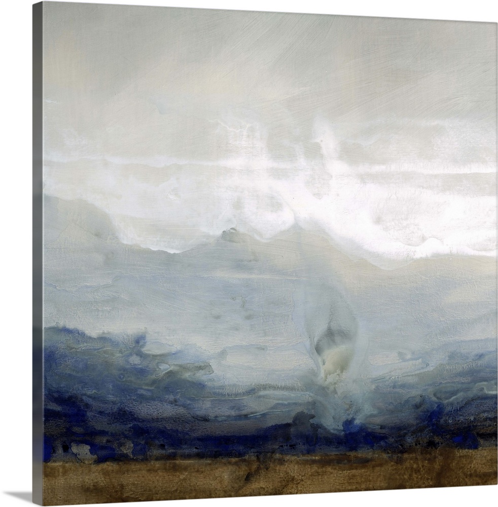 Contemporary painting of a misty landscape with shapes of mountains in the distance.