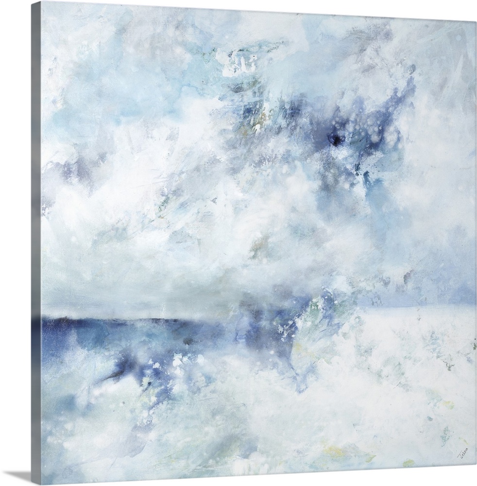 Hazy square painting in shades of blue, white, and gray with light hints of yellow and green.
