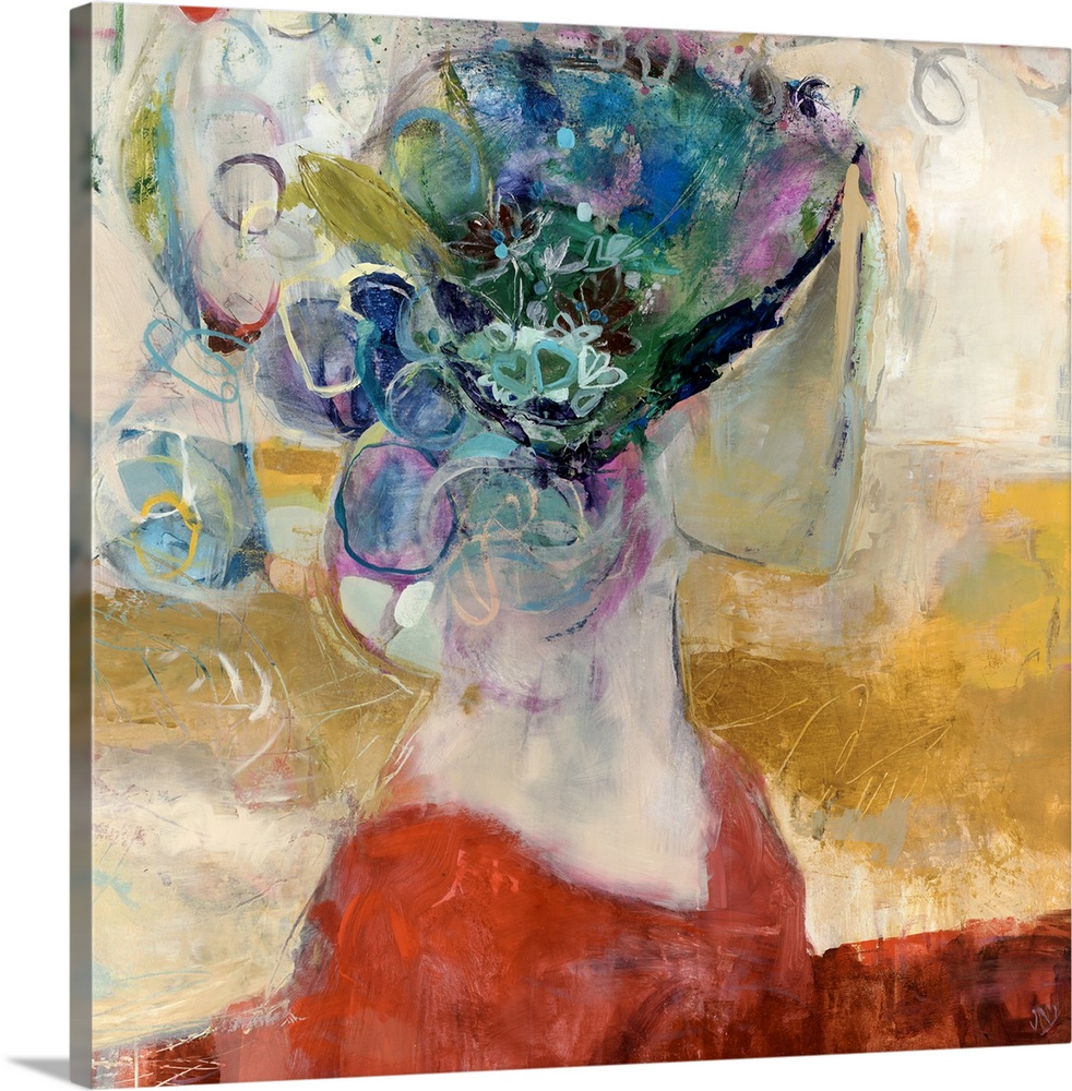 Square, giant abstract painting of a human figure bust, their head and face covered by a large, decorative, detailed headd...