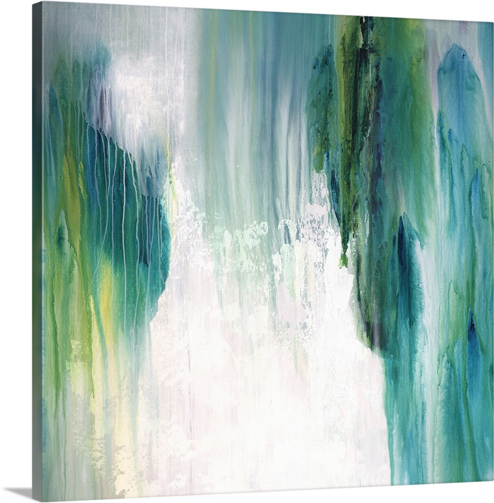 Square abstract painting with shades of blue and green coming together and falling from top to bottom of the canvas on a w...