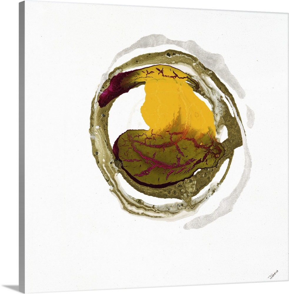 Square abstract painting with round brushstrokes in the center creating a circular figure in shades of yellow, green, silv...