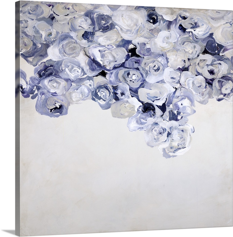 Contemporary abstract painting on a neutral colored background with indigo, white, and cream circular shapes stacked toget...