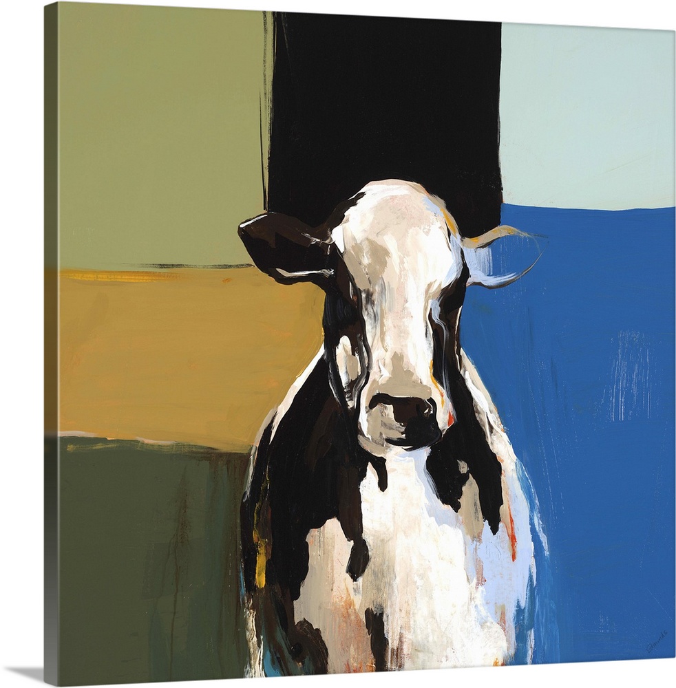 Contemporary painting of the bust of a black and white cow, on a multicolored background of squares and rectangles.