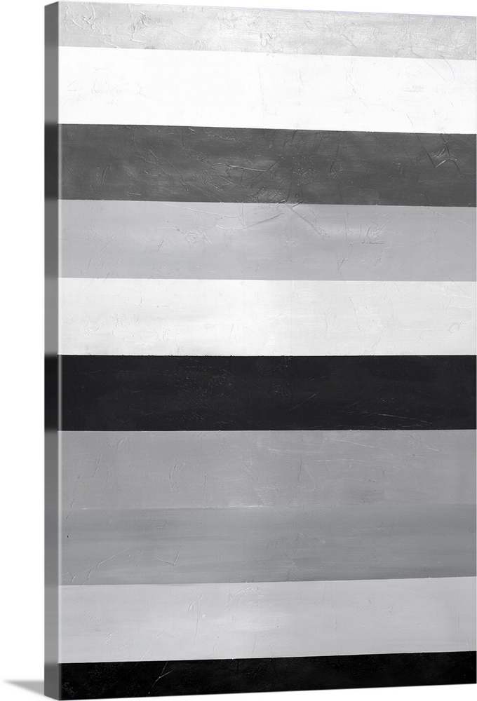 Large abstract painting with gray, white, and black horizontal bands stacked on top of each other in layers moving up and ...