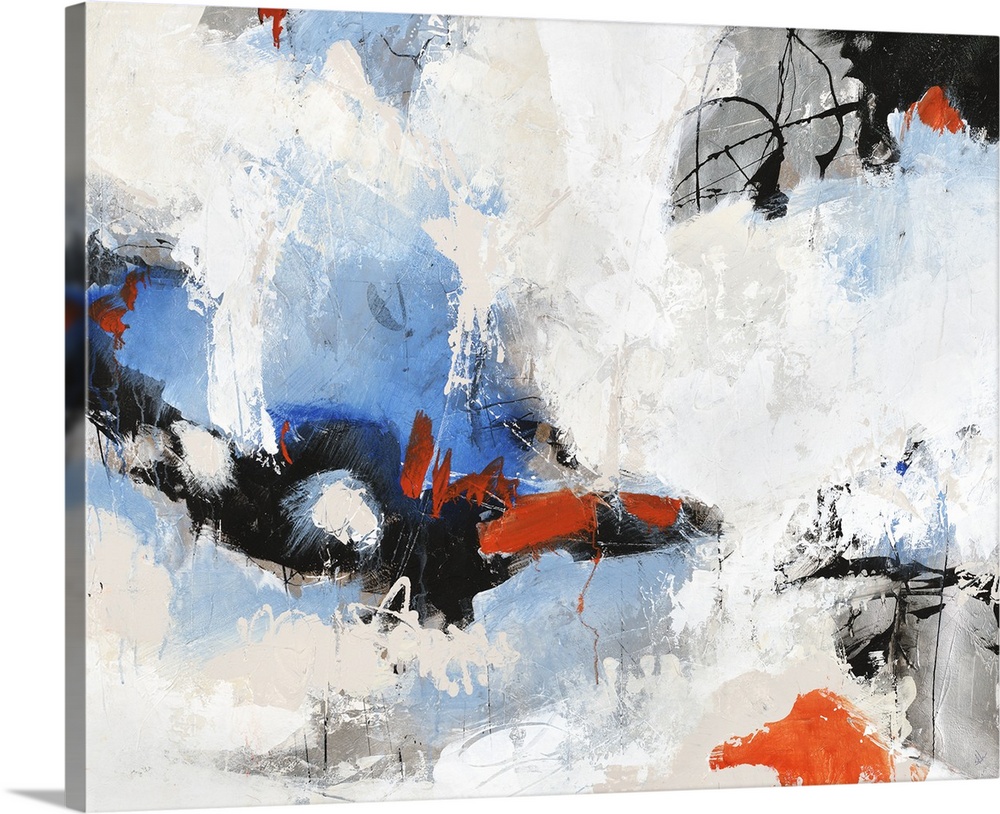 Contemporary abstract painting with blue and red peeking through clouds of white.
