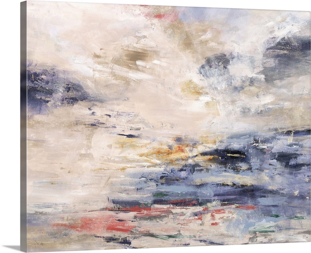 Contemporary abstract painting in shades of pale blue and pink, resembling a pastel sunset.