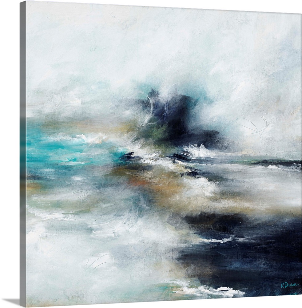 Abstract painting of waves crashing into a rocky shoreline at high tide, beneath a light cloudy sky.