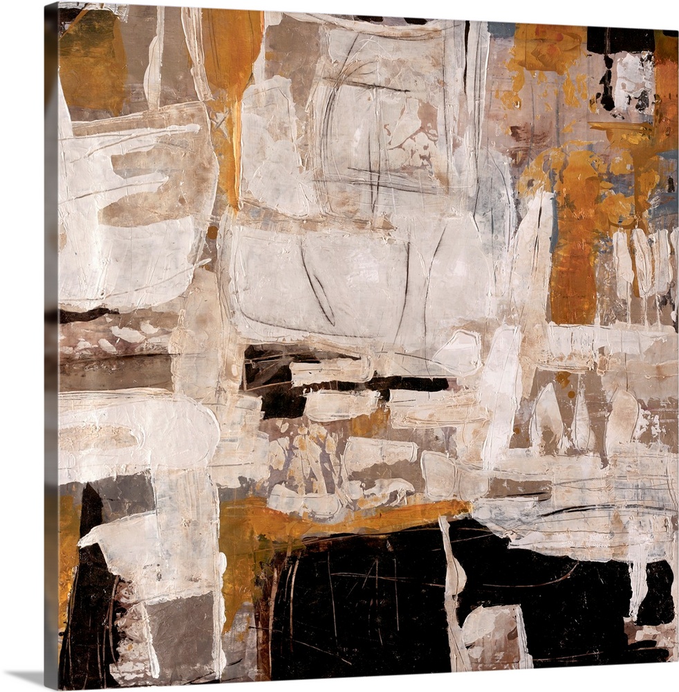 Abstract artwork that is mostly off white with chunks of black and tan thrown in.
