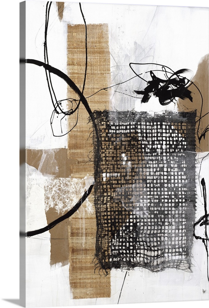 This vertical collage contains abstract elements that looks like different types of weaved fabric in black and brown.