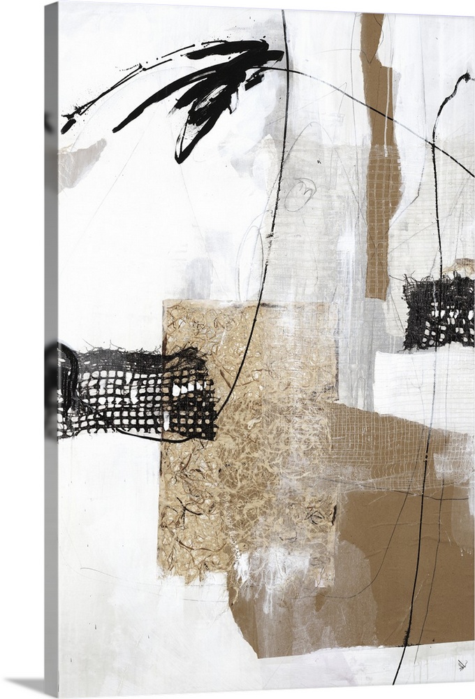 This vertical collage contains abstract elements that looks like different types of weaved fabric in black and brown.