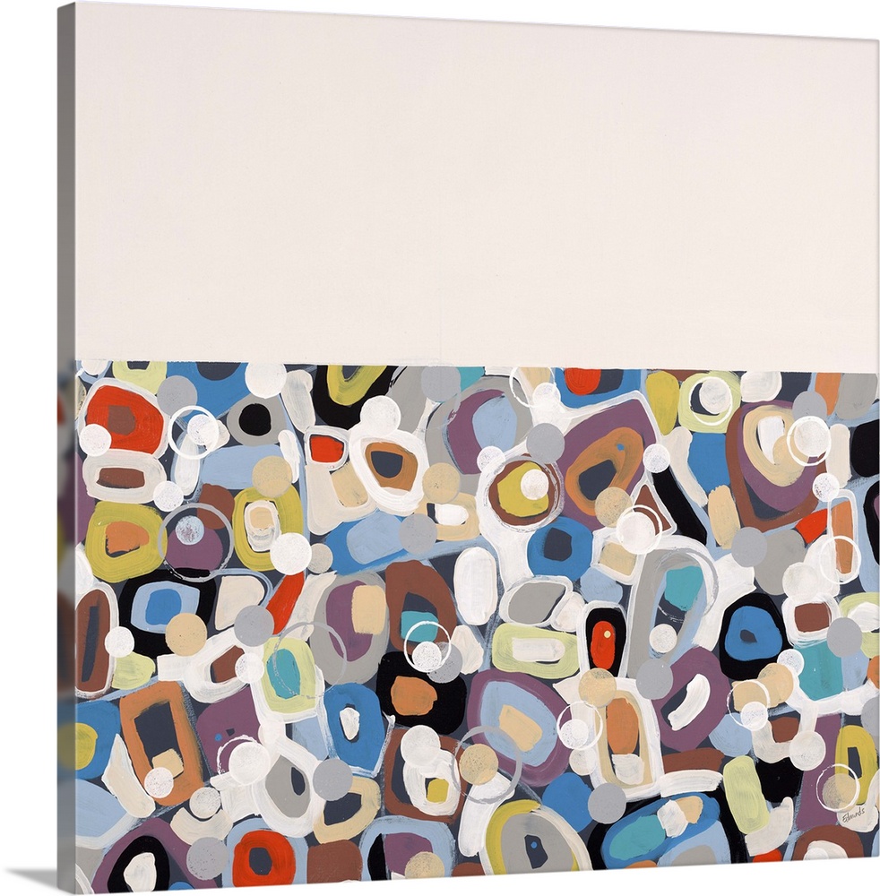 Contemporary painting with colorful gem-like spots filling the bottom half, contrasting the plain beige upper half.